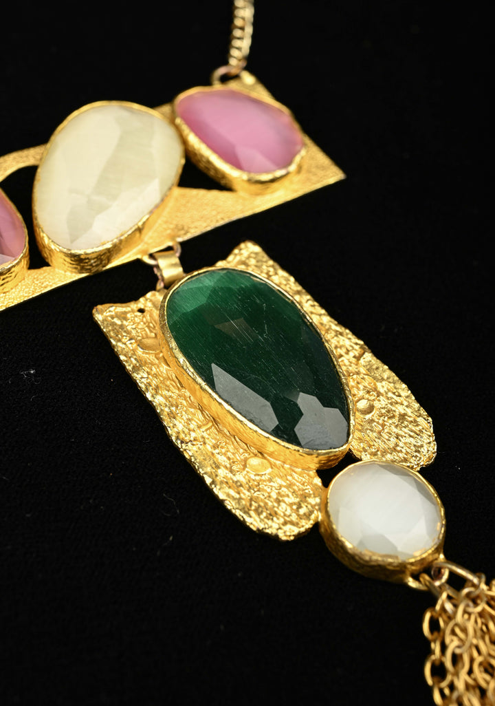 Fringe Chain Necklace with Deco Pendant and Watermelon Tourmaline Tassels