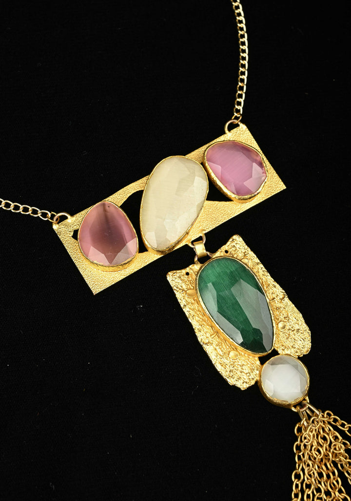 Fringe Chain Necklace with Deco Pendant and Watermelon Tourmaline Tassels