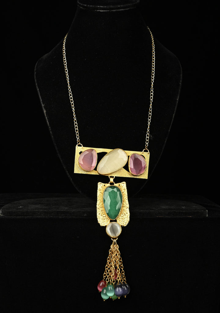 Fringe Chain Necklace with Deco Pendant and Watermelon Tourmaline Tassels