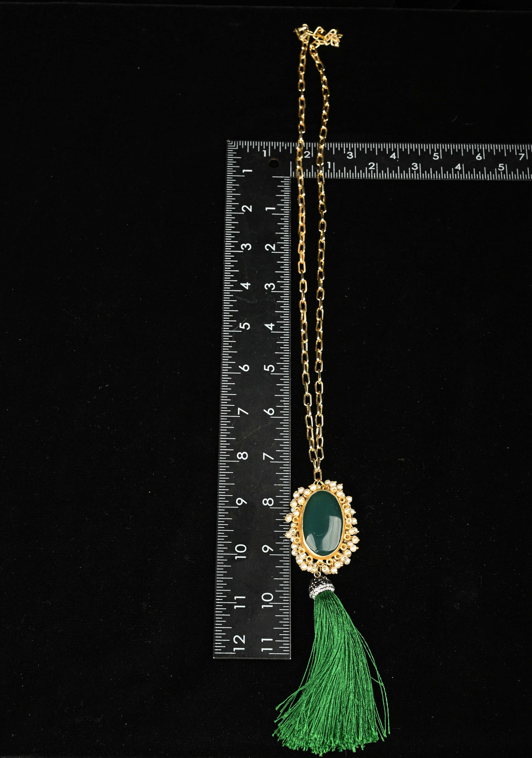 Long Gold Chain Tassel Necklace Green Onyx with pearls Pendant