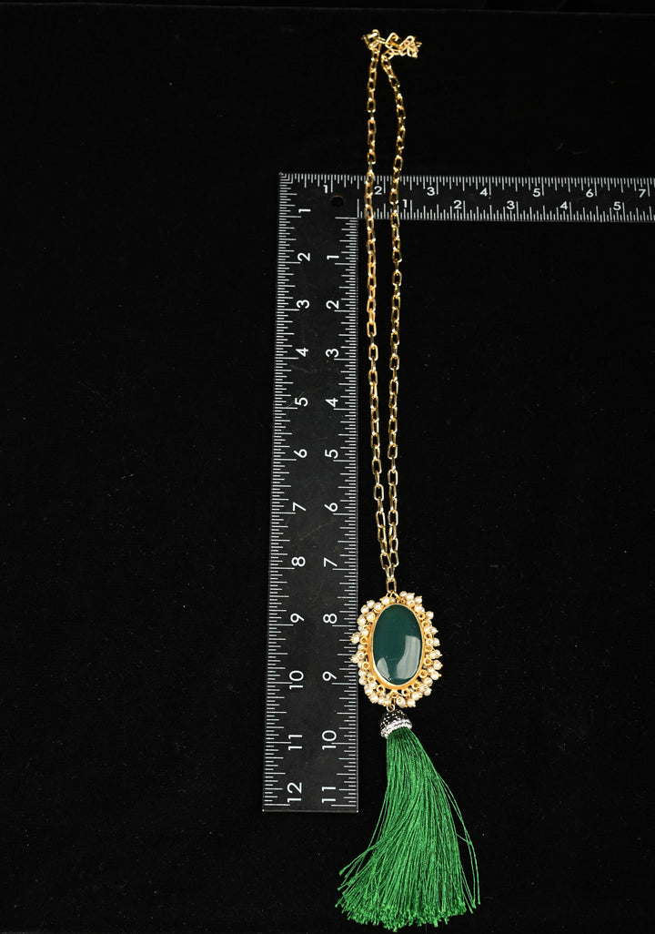 Long Gold Chain Tassel Necklace Green Onyx with pearls Pendant