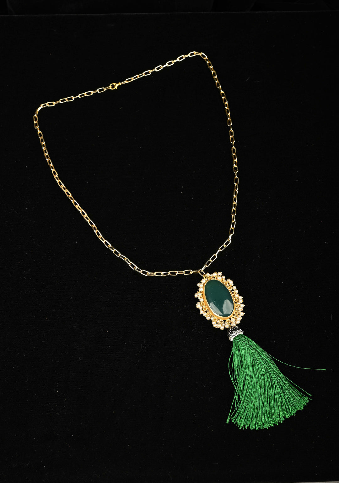 Long Gold Chain Tassel Necklace Green Onyx with pearls Pendant