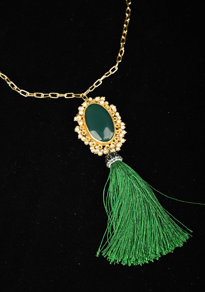 Long Gold Chain Tassel Necklace Green Onyx with pearls Pendant
