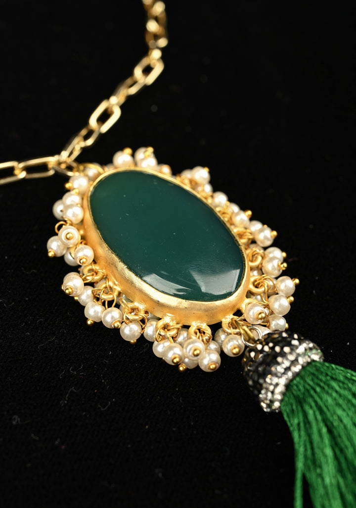Long Gold Chain Tassel Necklace Green Onyx with pearls Pendant