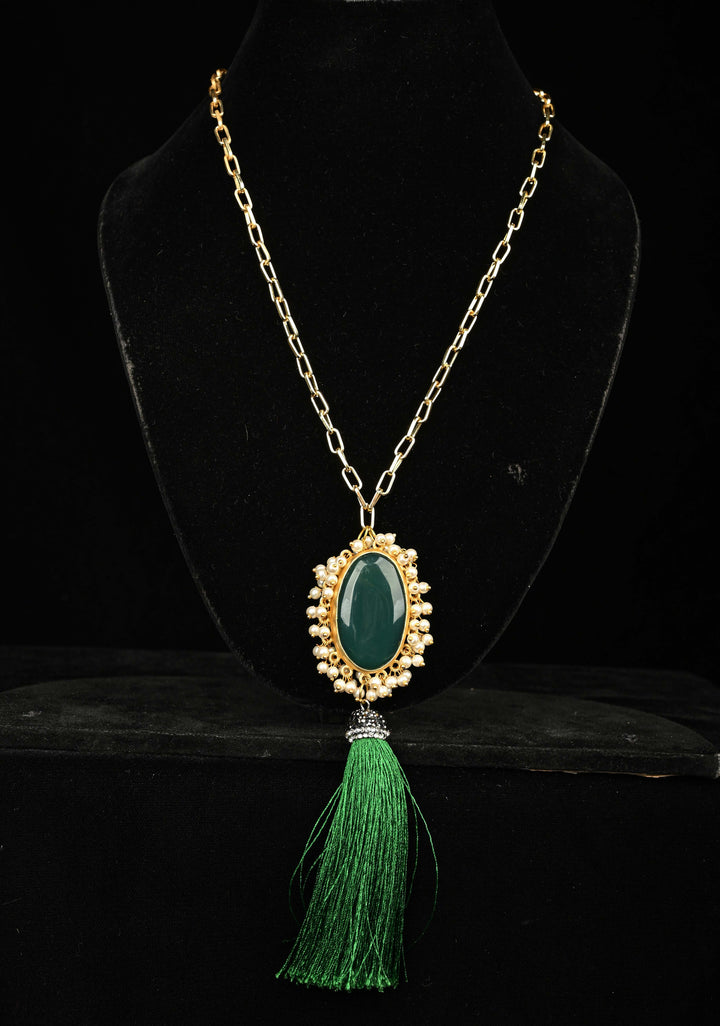 Long Gold Chain Tassel Necklace Green Onyx with pearls Pendant
