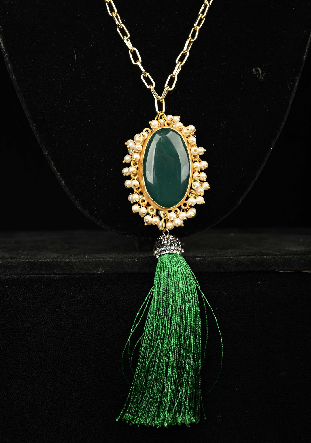 Long Gold Chain Tassel Necklace Green Onyx with pearls Pendant