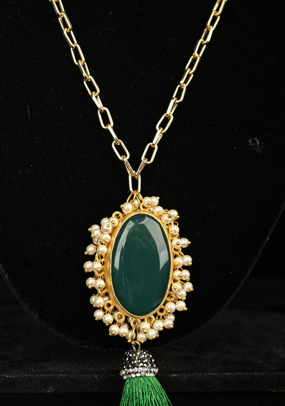 Long Gold Chain Tassel Necklace Green Onyx with pearls Pendant