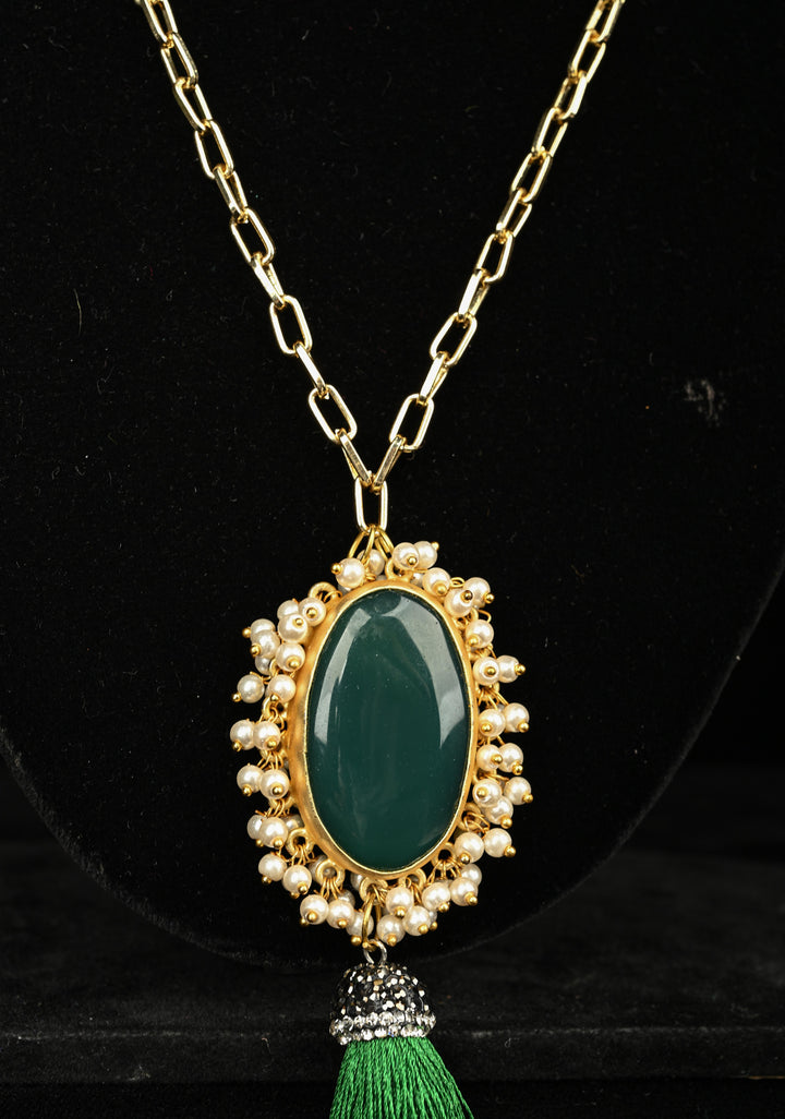 Long Gold Chain Tassel Necklace Green Onyx with pearls Pendant
