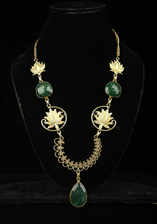 Emerald Green Lotus Motif Statement Necklace Set | SHOBITAM