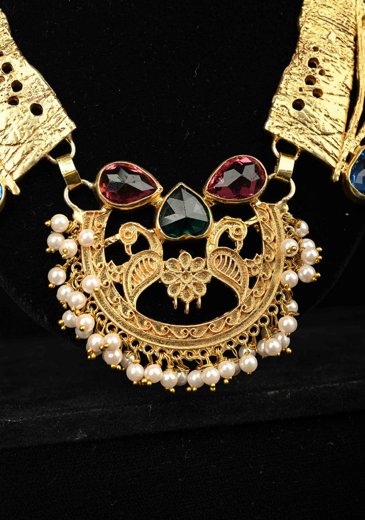 Gold-Tone Bib Necklace Set with Peacock Centerpiece and Multi-Color Glass stones
