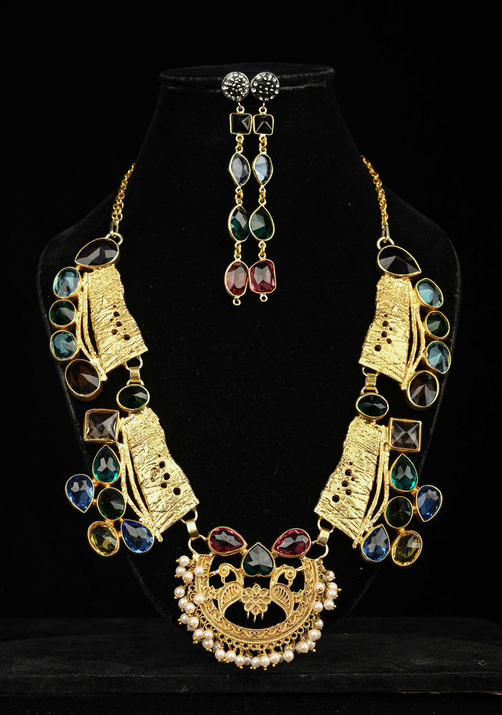 Gold-Tone Bib Necklace Set with Peacock Centerpiece and Multi-Color Glass stones
