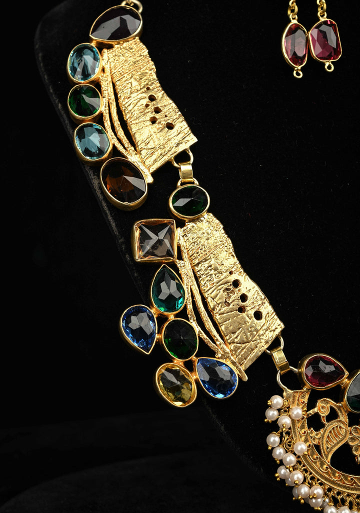 Gold-Tone Bib Necklace Set with Peacock Centerpiece and Multi-Color Glass stones