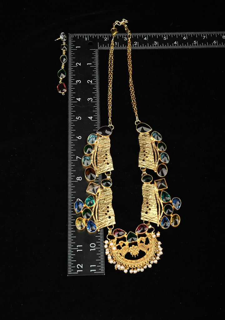 Gold-Tone Bib Necklace Set with Peacock Centerpiece and Multi-Color Glass stones