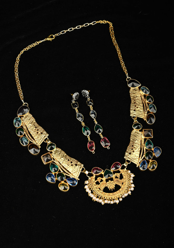 Gold-Tone Bib Necklace Set with Peacock Centerpiece and Multi-Color Glass stones