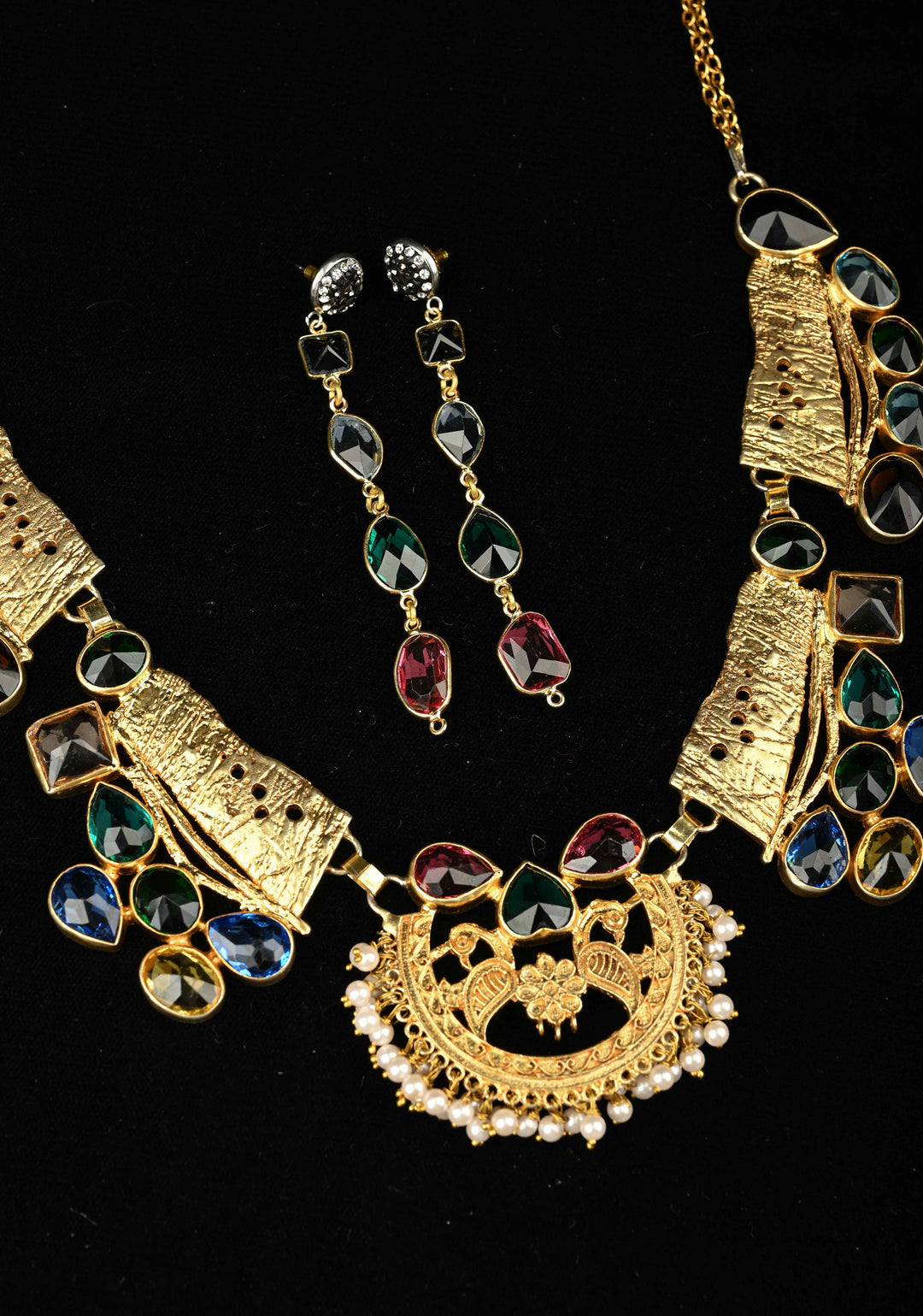 Gold-Tone Bib Necklace Set with Peacock Centerpiece and Multi-Color Glass stones