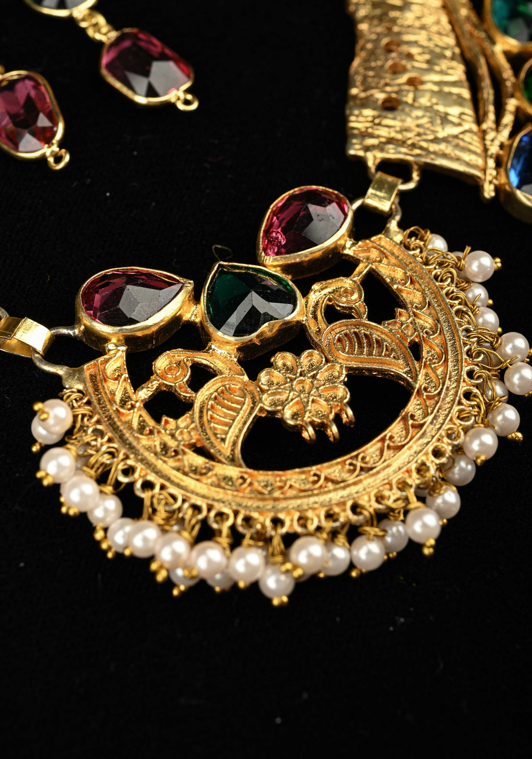 Gold-Tone Bib Necklace Set with Peacock Centerpiece and Multi-Color Glass stones
