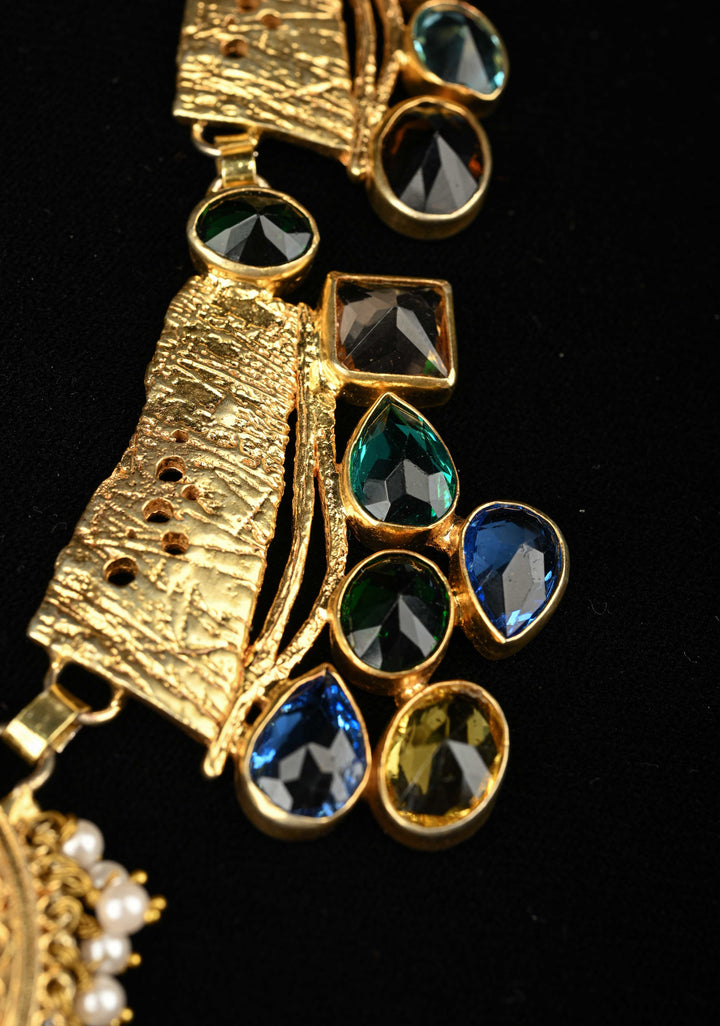 Gold-Tone Bib Necklace Set with Peacock Centerpiece and Multi-Color Glass stones