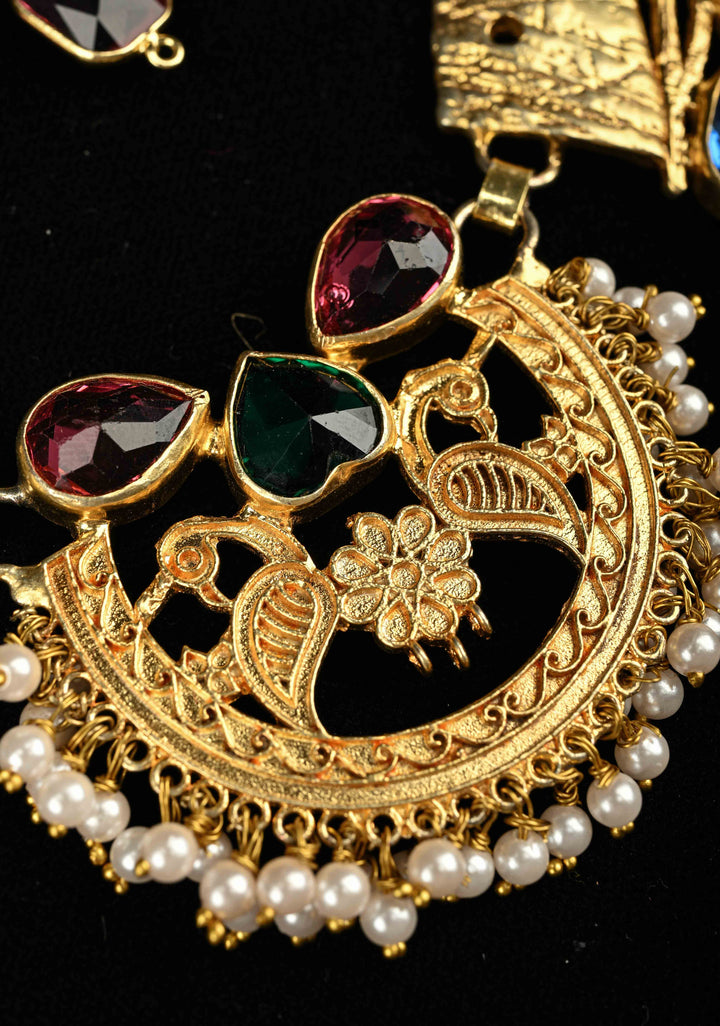 Gold-Tone Bib Necklace Set with Peacock Centerpiece and Multi-Color Glass stones