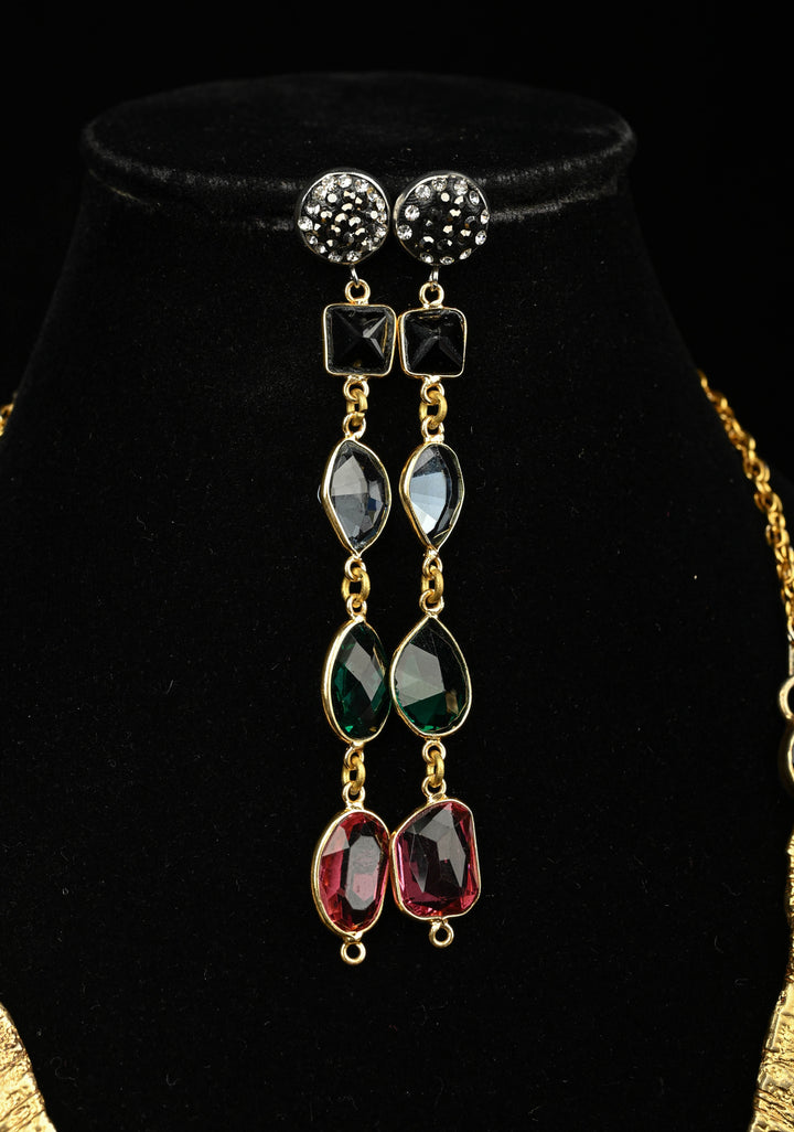Gold-Tone Bib Necklace Set with Peacock Centerpiece and Multi-Color Glass stones