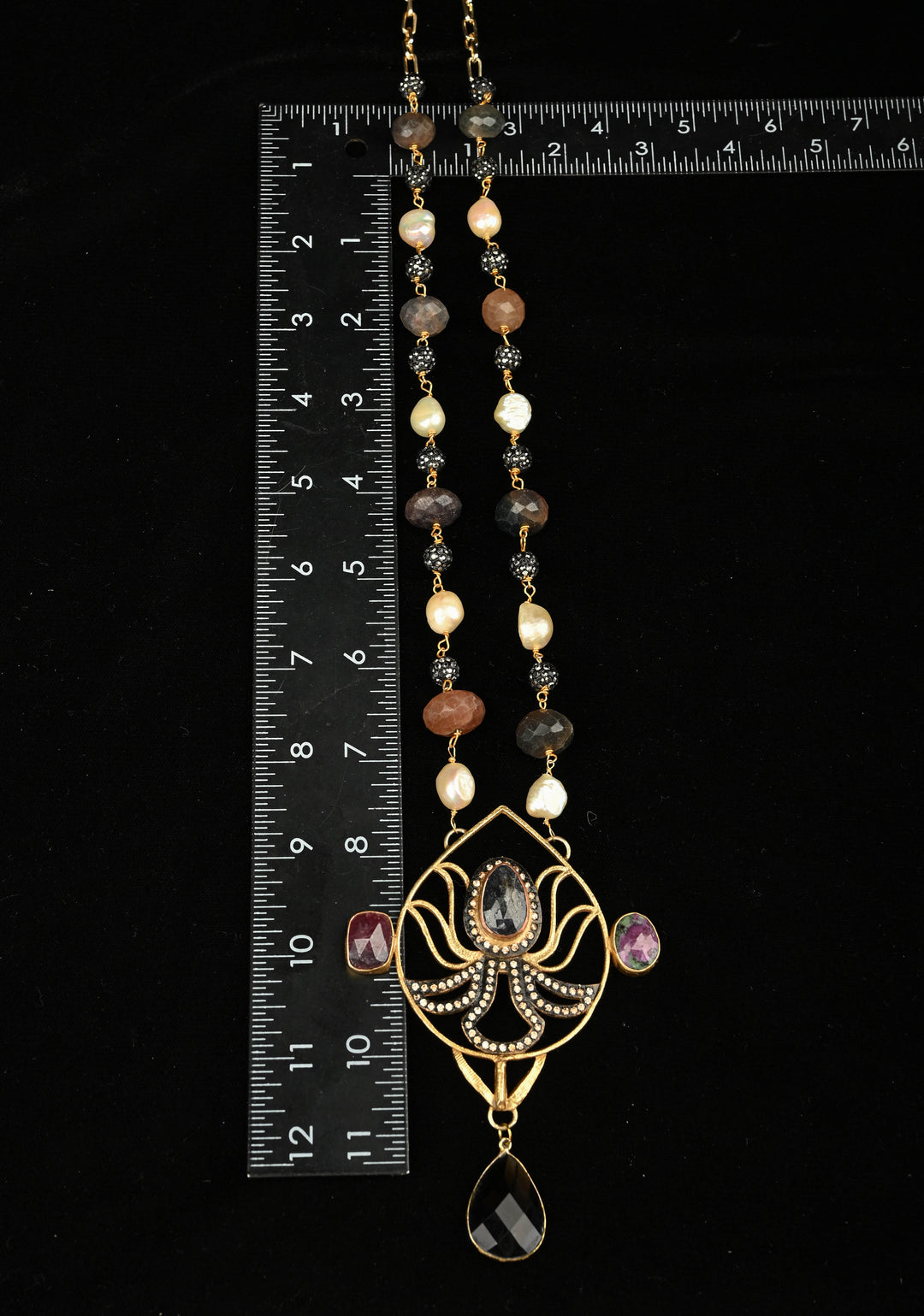 Sapphire and Pearls Long Necklace with Statement Pendant