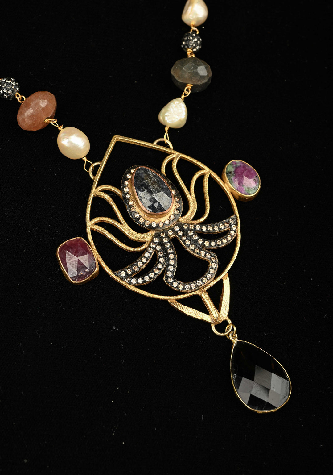 Sapphire and Pearls Long Necklace with Statement Pendant