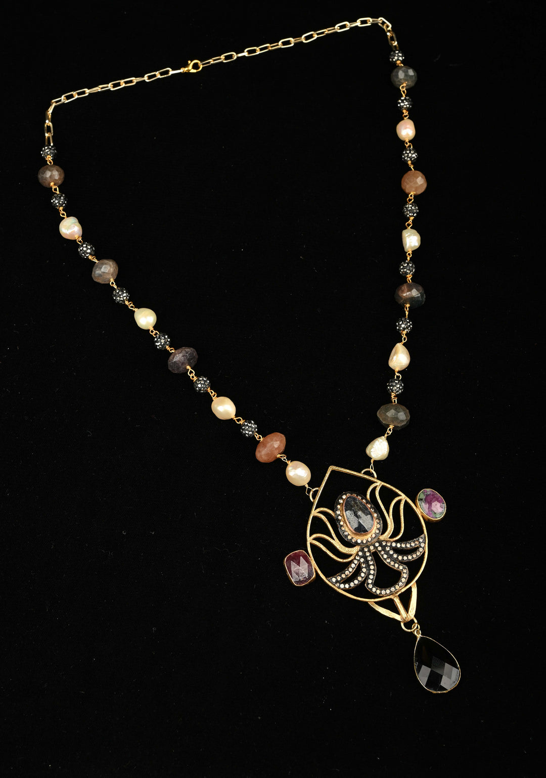 Sapphire and Pearls Long Necklace with Statement Pendant