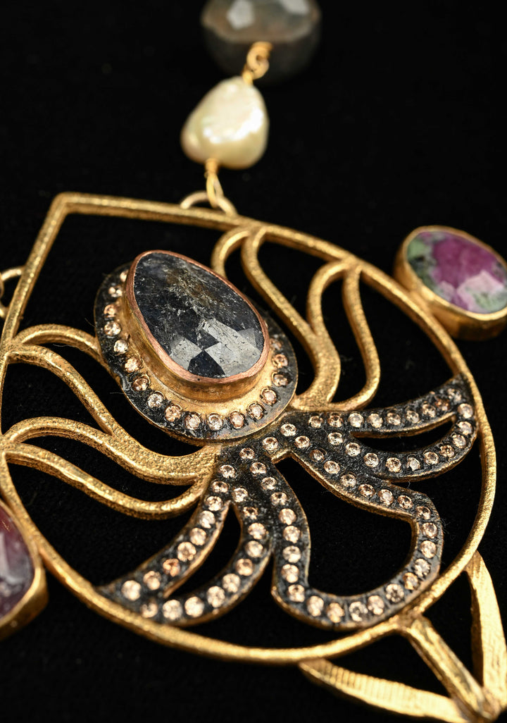 Sapphire and Pearls Long Necklace with Statement Pendant