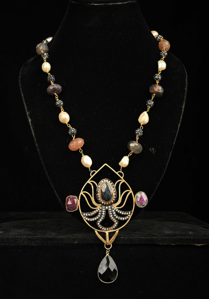 Sapphire and Pearls Long Necklace with Statement Pendant