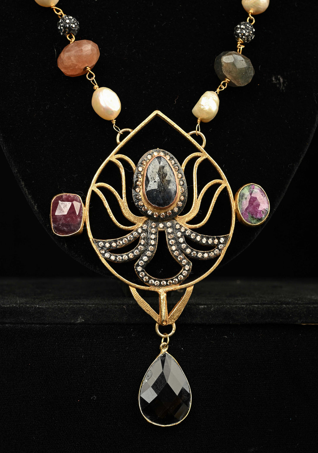 Sapphire and Pearls Long Necklace with Statement Pendant