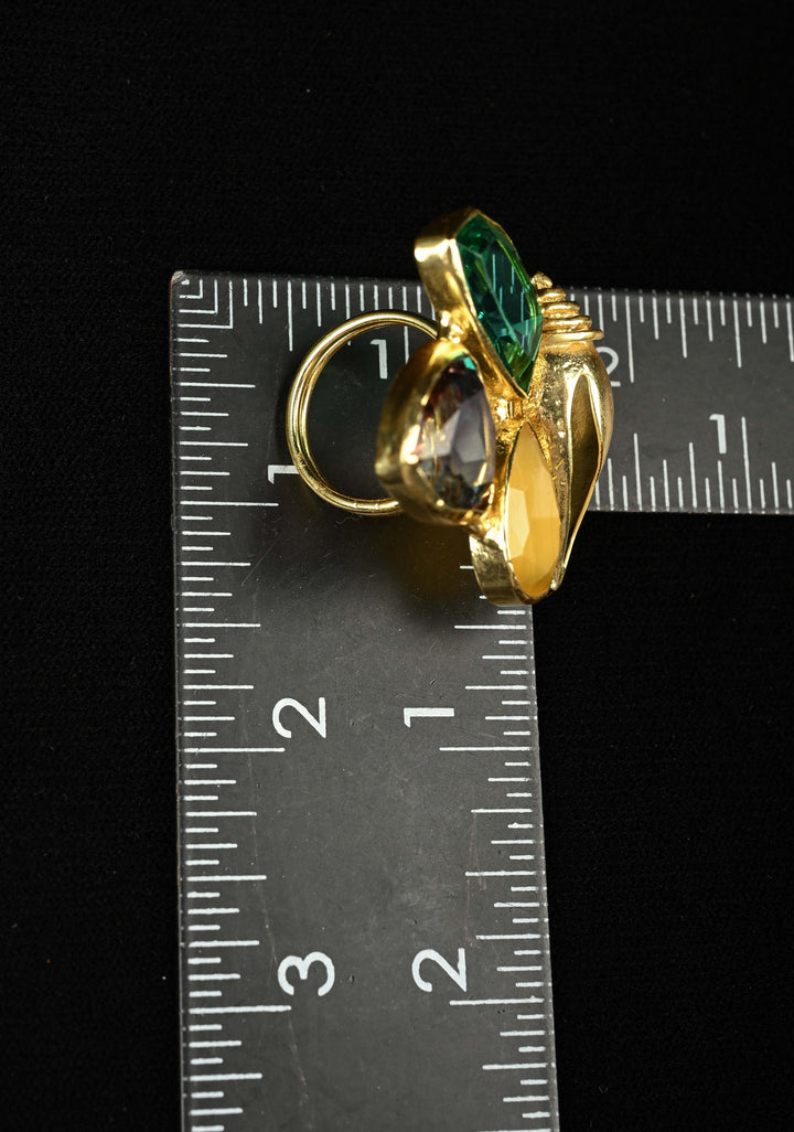 Ocean Theme Gold Tone Shell Motif Ring with Multicolor Glass stones