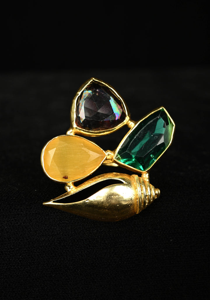 Ocean Theme Gold Tone Shell Motif Ring with Multicolor Glass stones