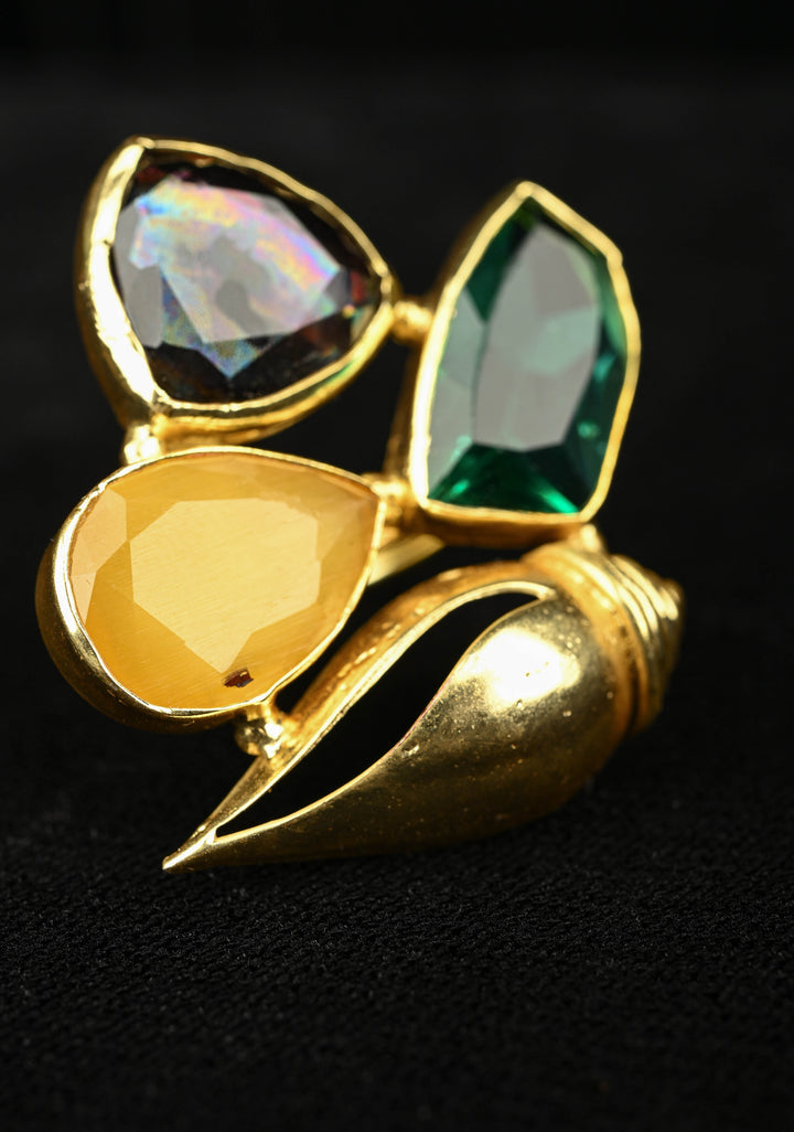 Ocean Theme Gold Tone Shell Motif Ring with Multicolor Glass stones