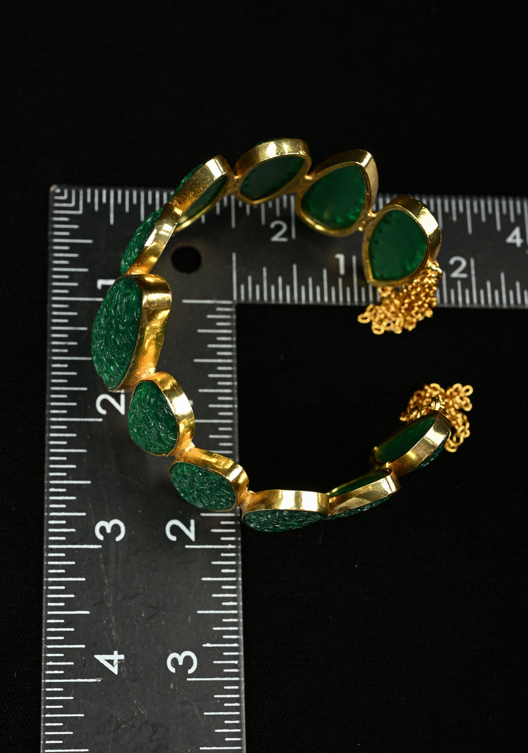 Green Carved Arificial Stone Handcuff Bracelet in Gold tone