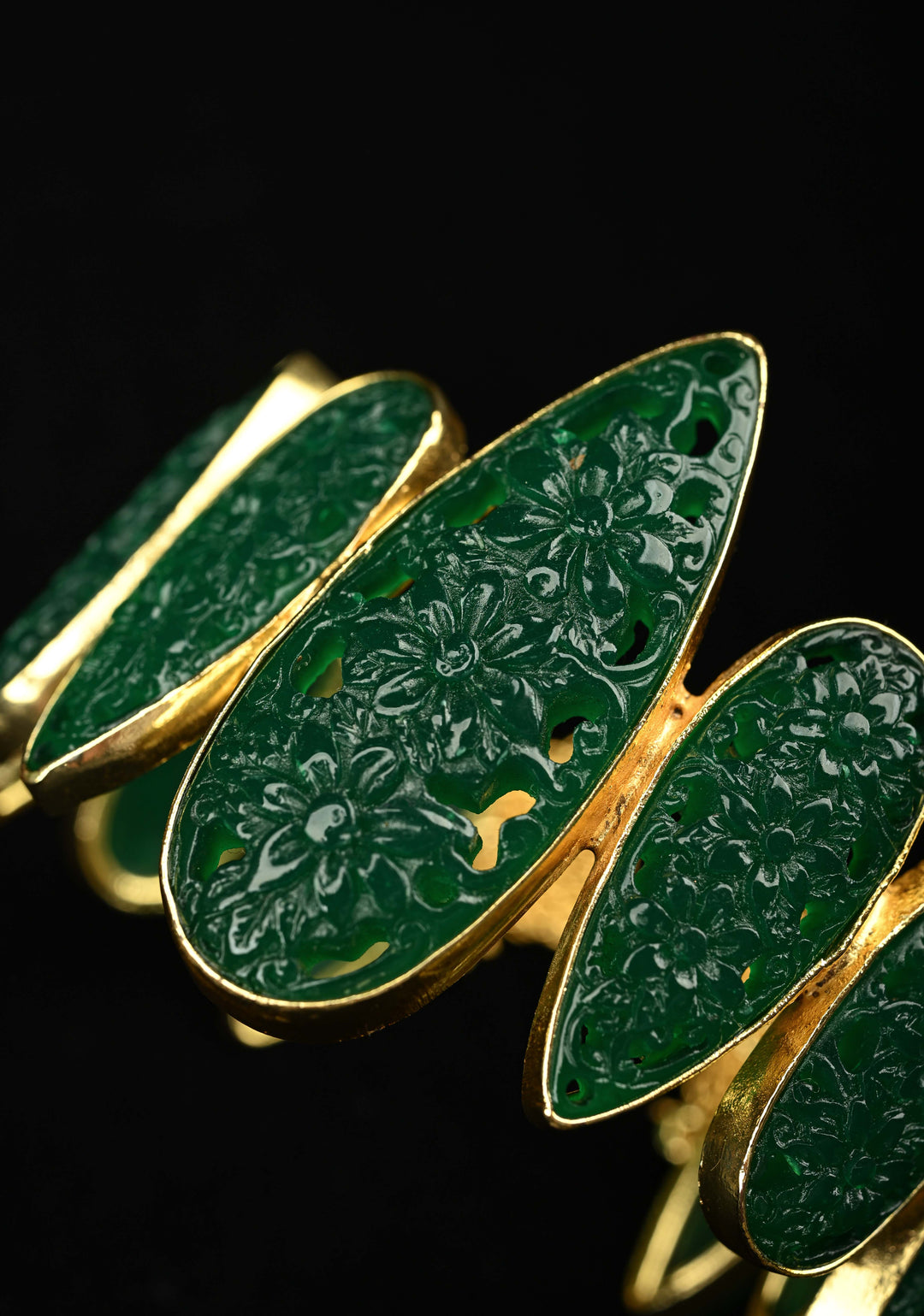 Green Carved Arificial Stone Handcuff Bracelet in Gold tone