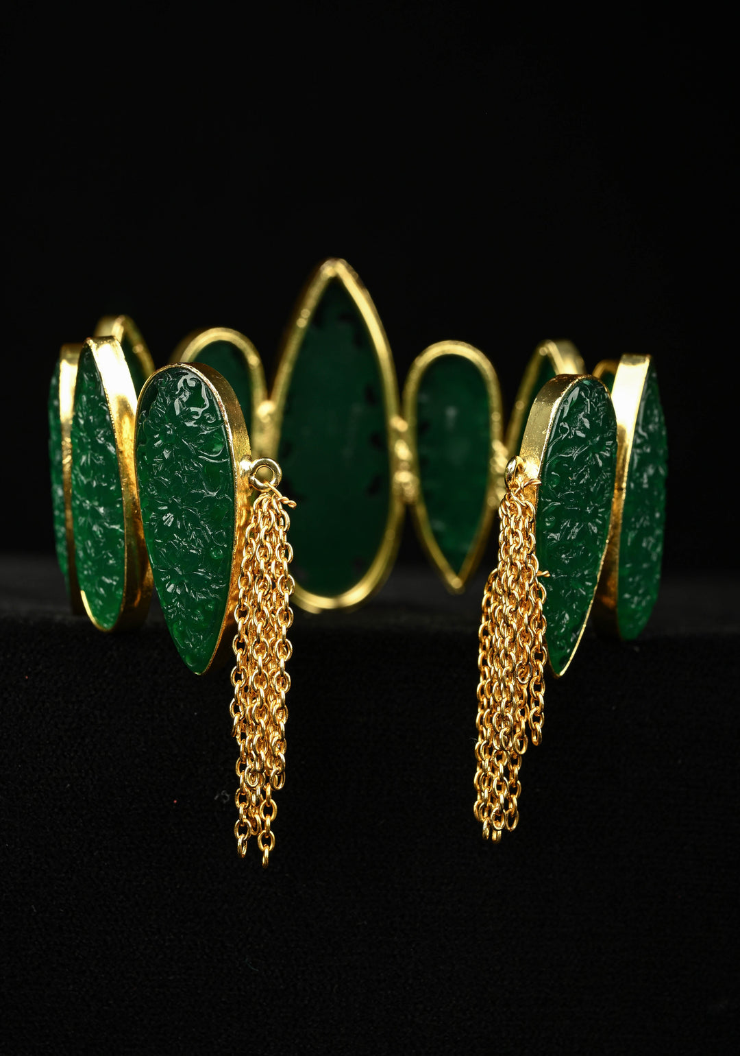 Green Carved Arificial Stone Handcuff Bracelet in Gold tone
