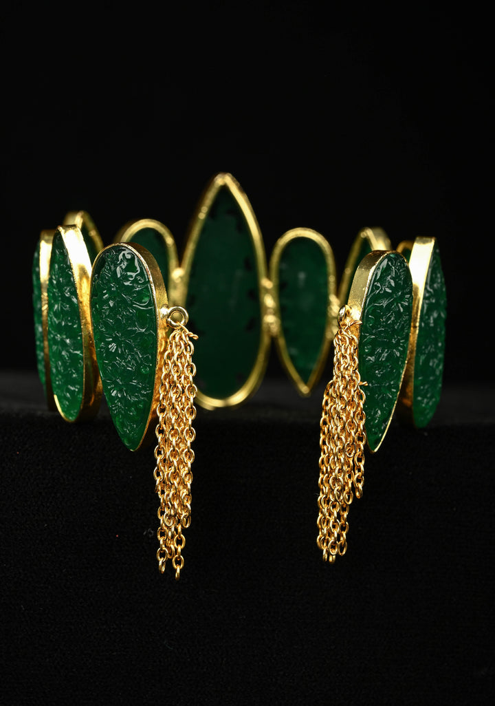 Green Carved Arificial Stone Handcuff Bracelet in Gold tone