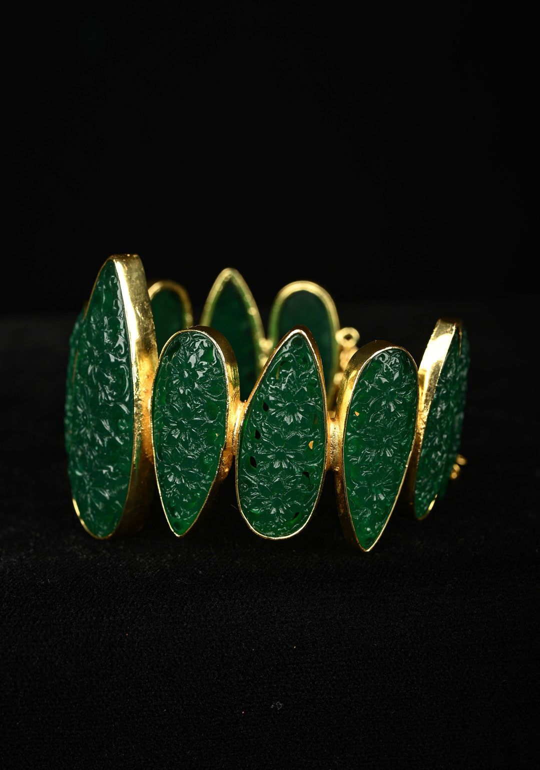 Green Carved Arificial Stone Handcuff Bracelet in Gold tone