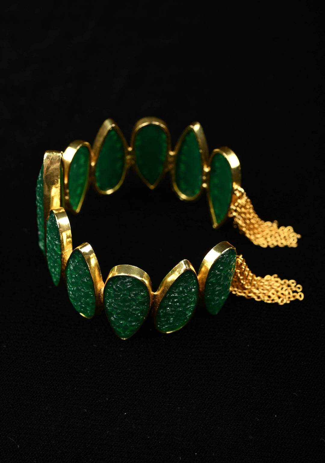 Green Carved Arificial Stone Handcuff Bracelet in Gold tone