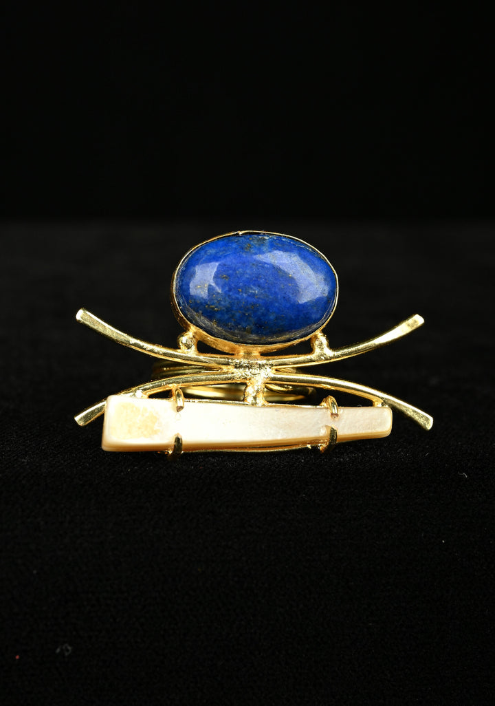 Monalisa Stone and Mother of Pearl Gemstone Ring with Gold Tone