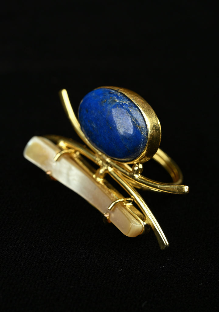 Monalisa Stone and Mother of Pearl Gemstone Ring with Gold Tone