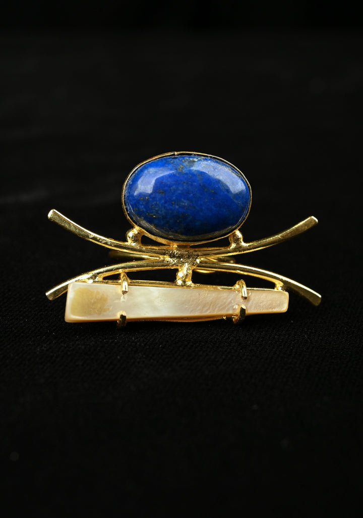 Monalisa Stone and Mother of Pearl Gemstone Ring with Gold Tone