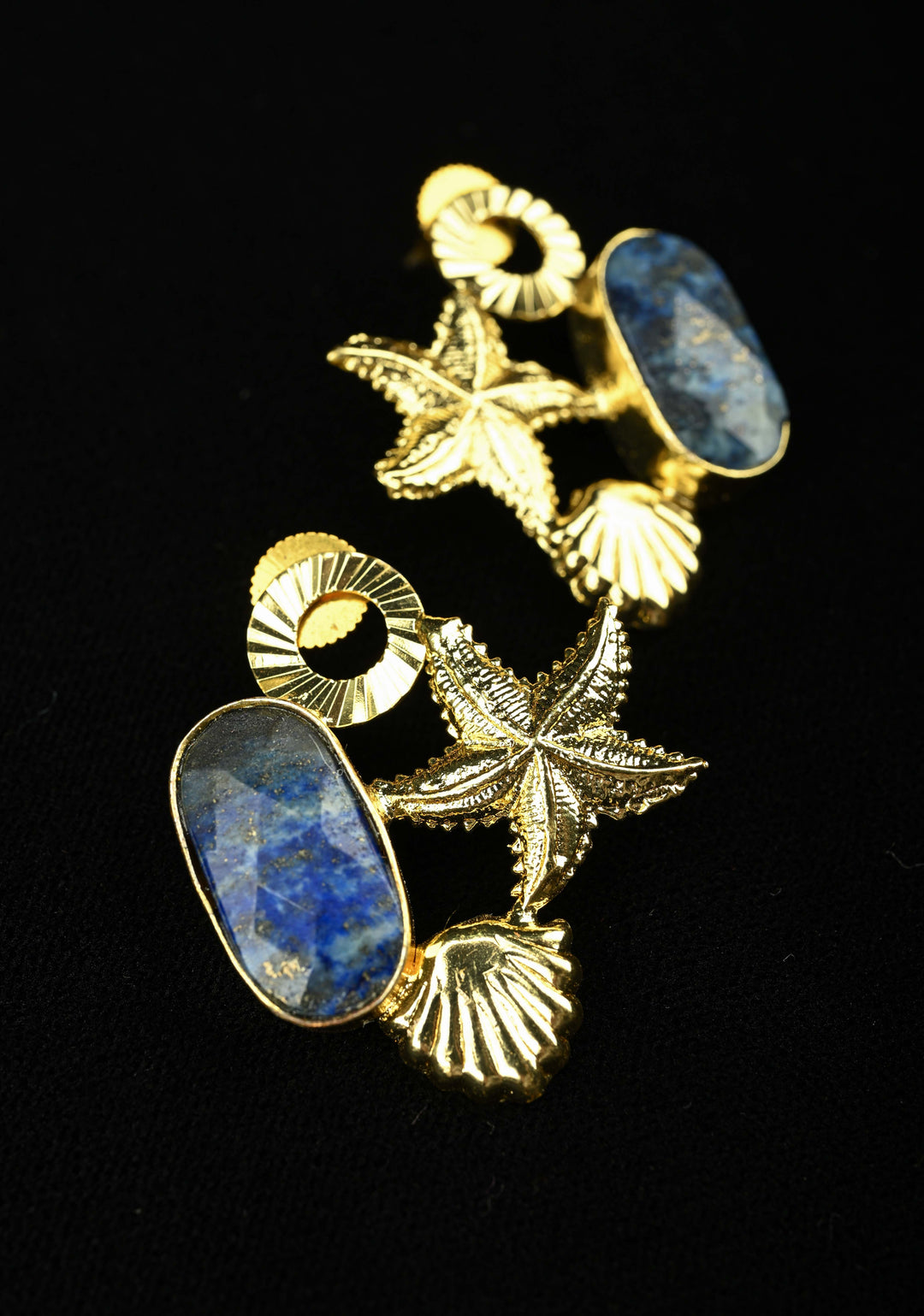 Lapis and Green Zade Earring With Gold-Toned Starfish