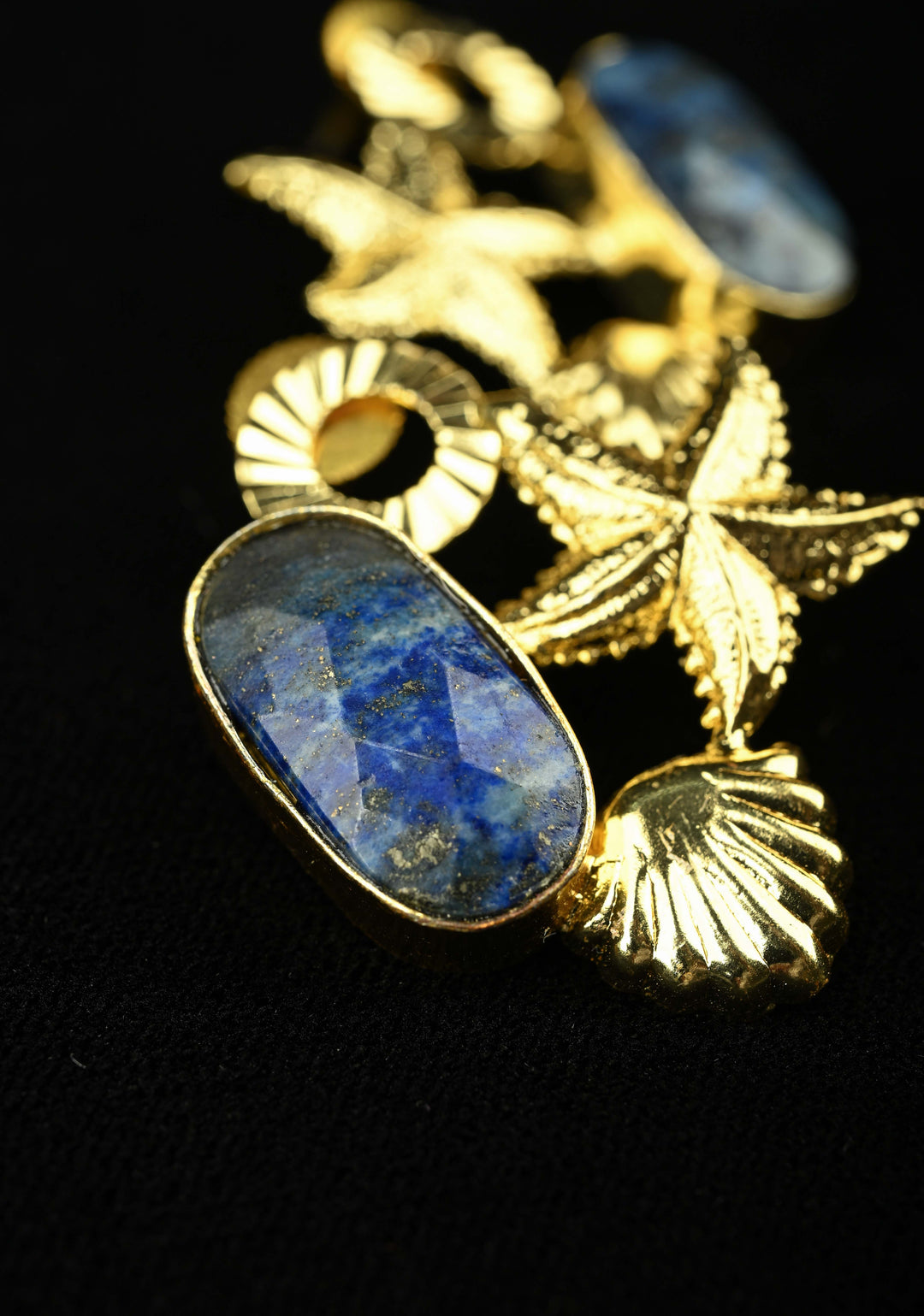 Lapis and Green Zade Earring With Gold-Toned Starfish