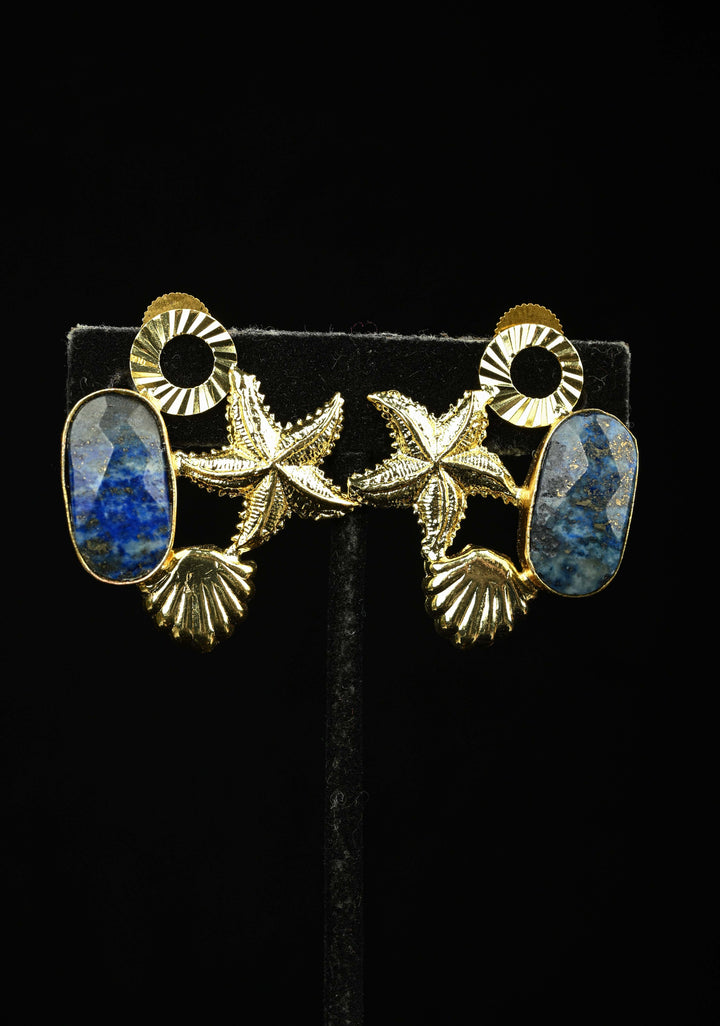 Lapis and Green Zade Earring With Gold-Toned Starfish