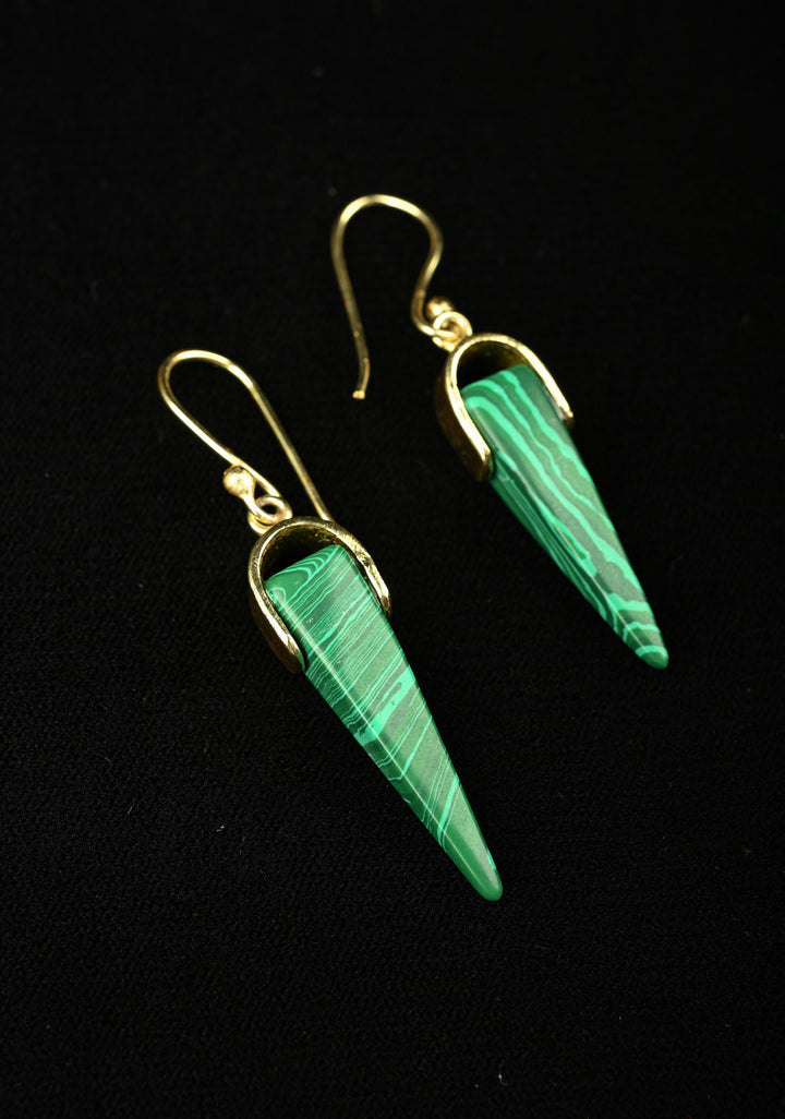Malachite Dangle Earring in Green With Hooks Gold Tone