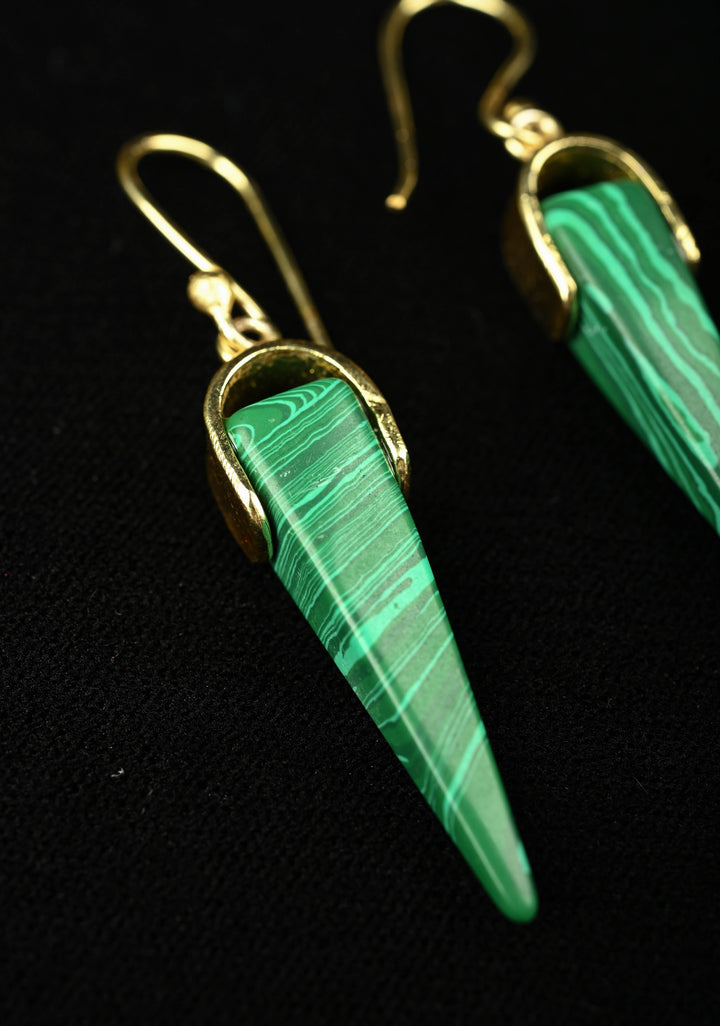Malachite Dangle Earring in Green With Hooks Gold Tone
