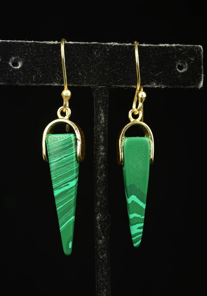 Malachite Dangle Earring in Green With Hooks Gold Tone