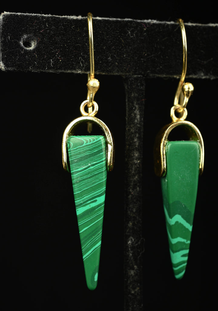 Malachite Dangle Earring in Green With Hooks Gold Tone