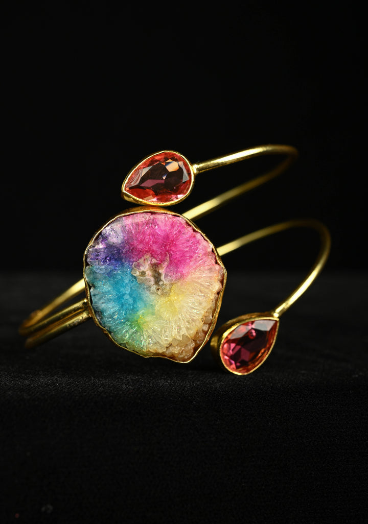 Rainbow Adjustable HandCuff Bracelet with Multi Agate and Glass