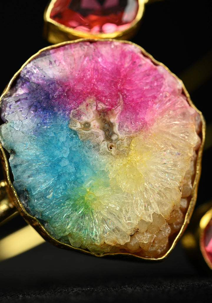 Rainbow Adjustable HandCuff Bracelet with Multi Agate and Glass